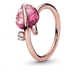 Pandora Pink MURANO glass leaf ring 6 Retired